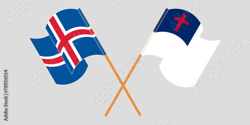 Crossed and waving flags of Iceland and christianity