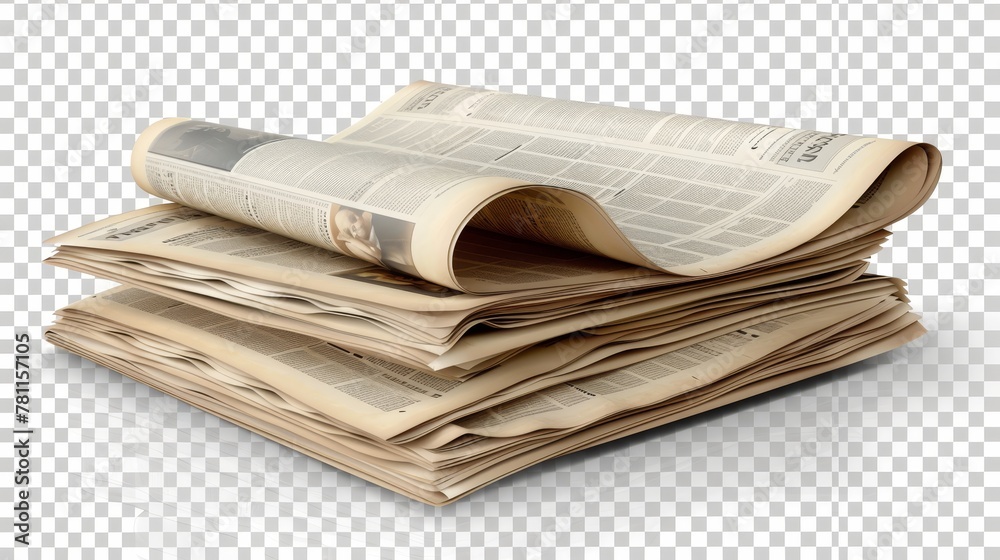 Folded sheets of a journal, magazine, tabloid or gazzete with headlines, articles, and picture frames on transparent background. Modern illustration. - obrazy, fototapety, plakaty 