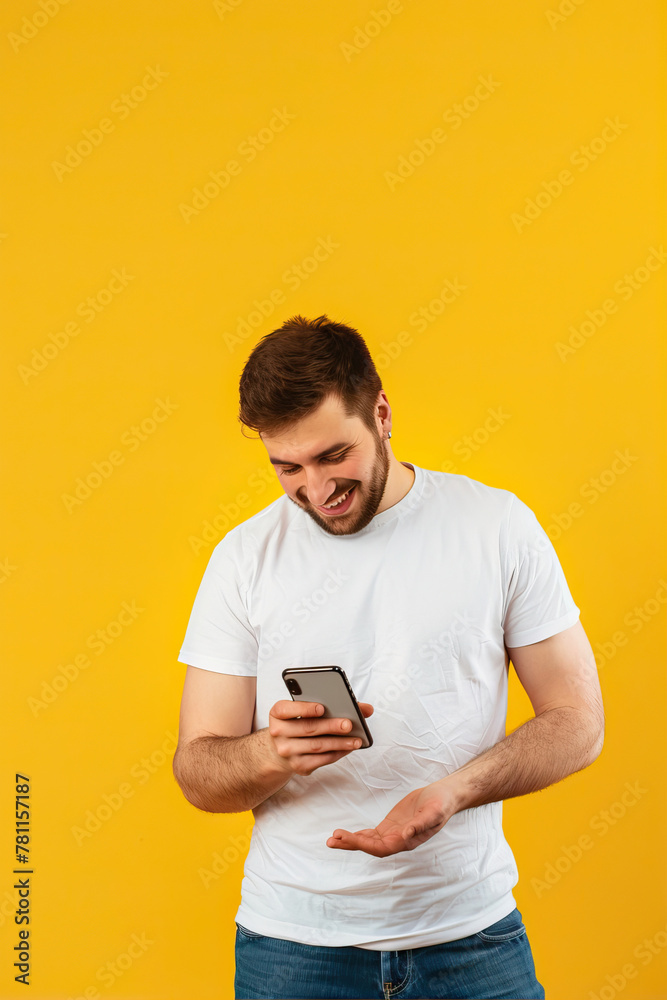 A man on a yellow background looks into a smartphone

