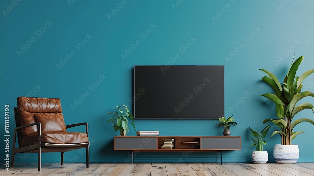 Cabinet TV in modern living room with leather armchair and plant on blue wall background Cabinet TV in modern living room with leather armchair and plant on blue wall background
