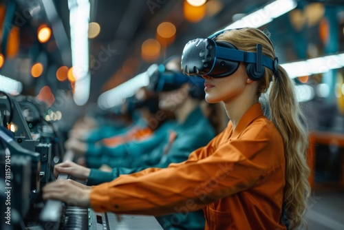 A woman in a safety vest uses a virtual reality headset, engrossed in a high-tech simulation in an industrial setting.