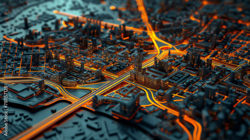 3d rendering of city model with orange buildings, roads and street lights photo