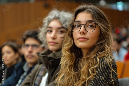 A young woman with curly hair and glasses attentively listens in a lecture hall, her gaze fixed in contemplation.