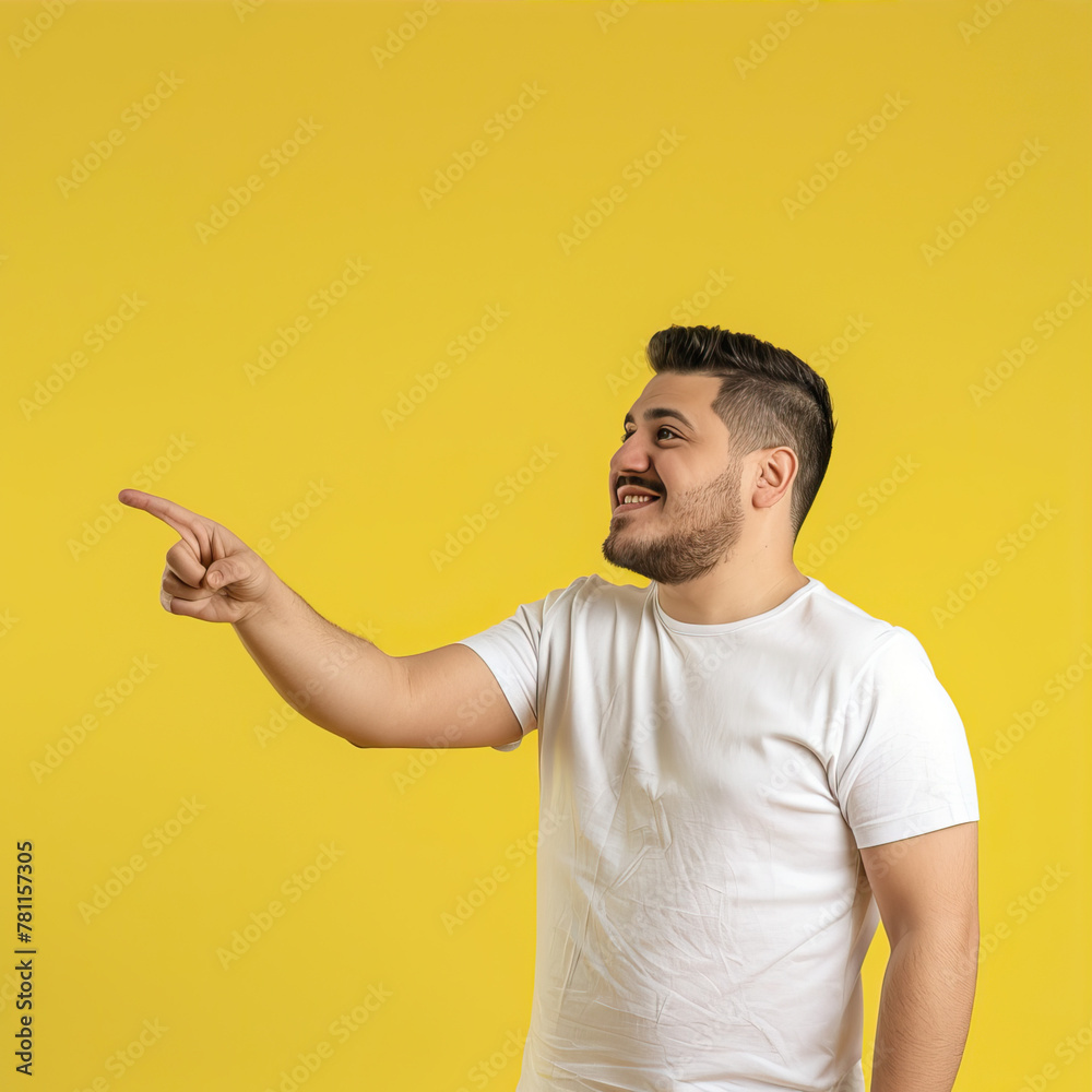 A man on a yellow background points his finger to the side
A man on a yellow background points his finger to the side