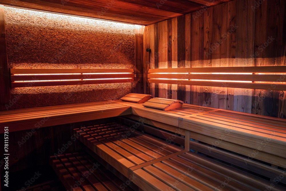 Interior of wooden sauna with light colored walls and benches, multiple levels of seating, infrared heaters emitting soft red glow, and cozy atmosphere.