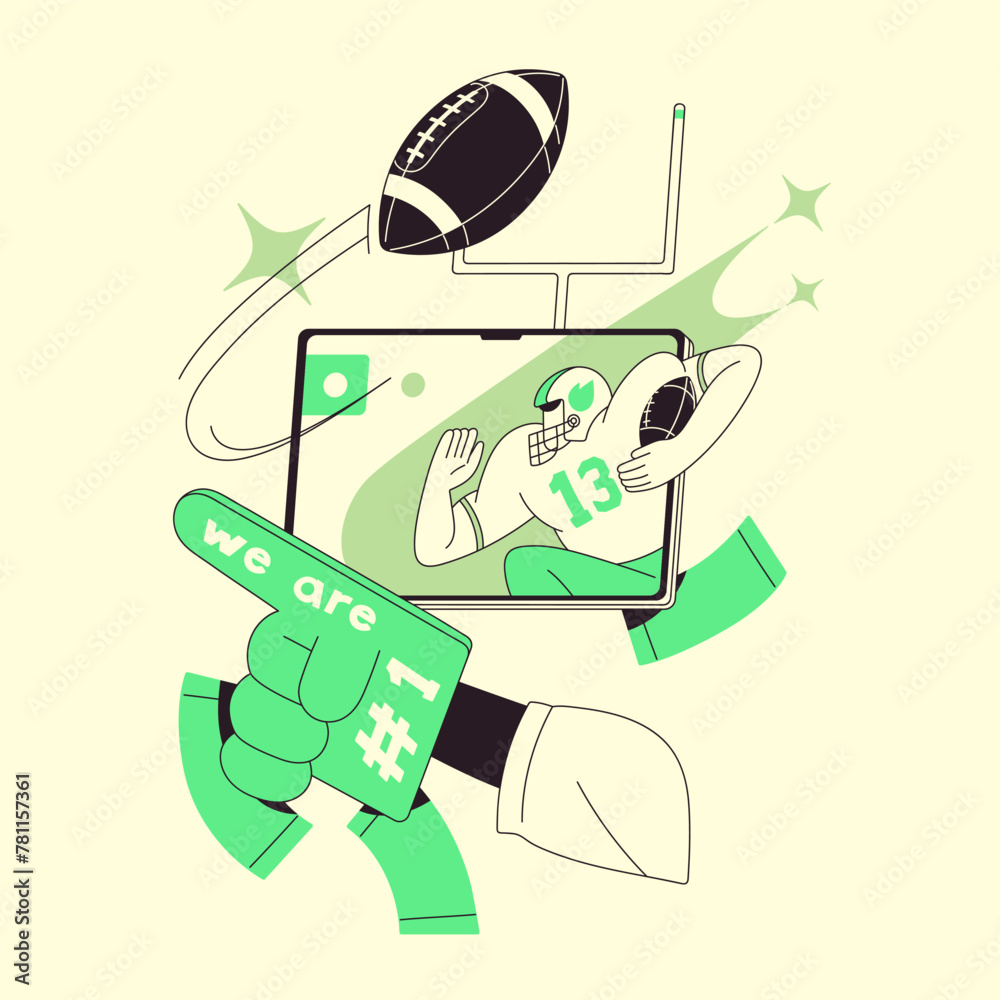 Naklejka premium People watching rugby match, wagering on American football online. Person bets on sports, play games of fortune, chance game. Gambling service, bookmaker app concept. Flat isolated vector illustration