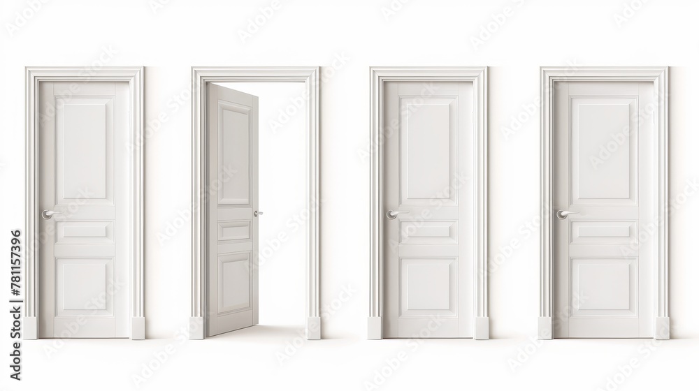 This 3D wooden door with handle and frame is in open, closed and ajar positions, modern realistic set isolated on white. It would look great at the entrance of a house, apartment, or office. - obrazy, fototapety, plakaty 