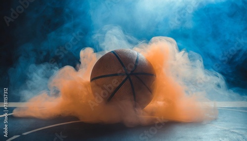 basketball in the center enveloped by orange smoke on a breathtaking blue smoke in basketball court © Ashleigh