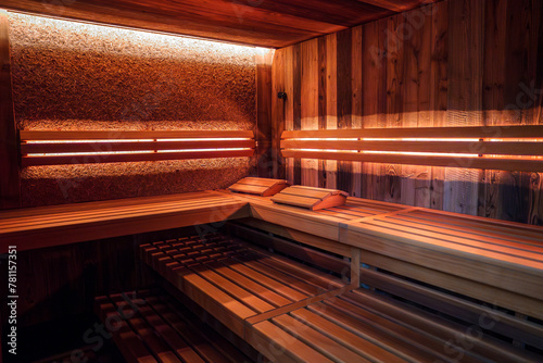 Obraz na płótnie Interior of wooden sauna with light colored walls and benches, multiple levels of seating, infrared heaters emitting soft red glow, and cozy atmosphere. w salonie