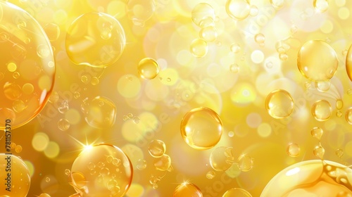 Background with oil drops texture, yellow omega bubbles, gold liquid droplets. Realistic 3D modern honey and syrup blobs.