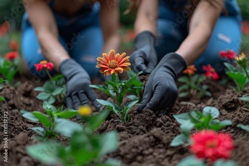 Hands in gardening gloves carefully plant vibrant flowers to create a butterfly garden, cultivating beauty and biodiversity. © Good AI