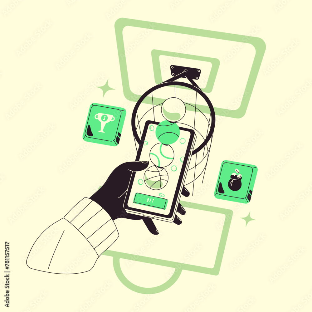 Gambling people wagering on basketball match, bet on sports online. Person plays chance games. Hands throws balls in basket in smartphone. Bookmaker service concept. Flat isolated vector illustration - obrazy, fototapety, plakaty 