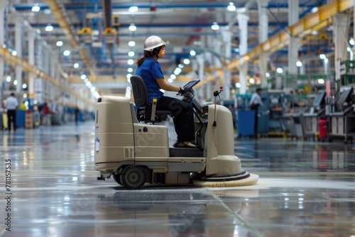 Worker driving a floor cleaning machine in an industrial factory with bright floor lines