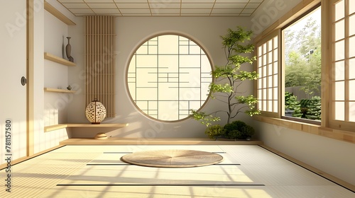 Circle shelf wall design on empty Living room japanese deisgn with tatami mat floor