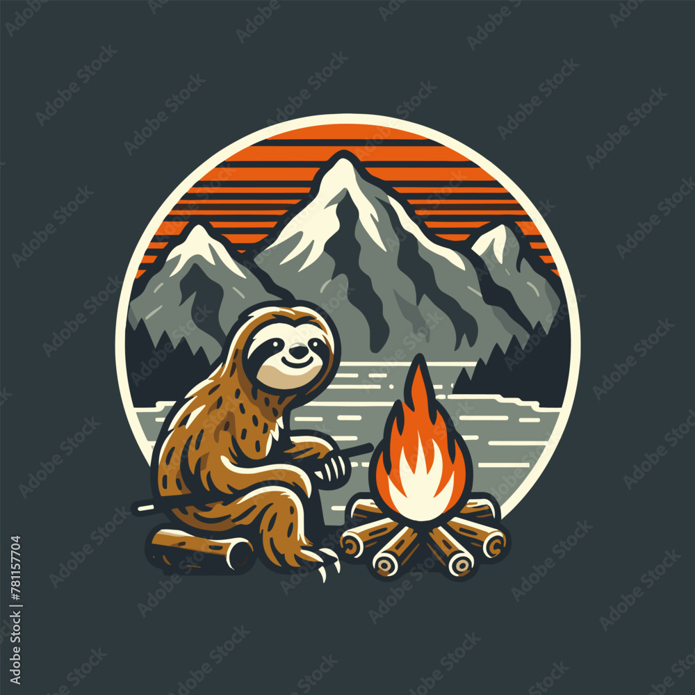 Fototapeta premium Sloth Camping badge, Adventure and hiking outdoor activity, vintage wild mountain forest river logo design vector illustration