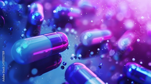 Purple-pink abstract background with pill in focus surrounded by other blurred medicines with space for text