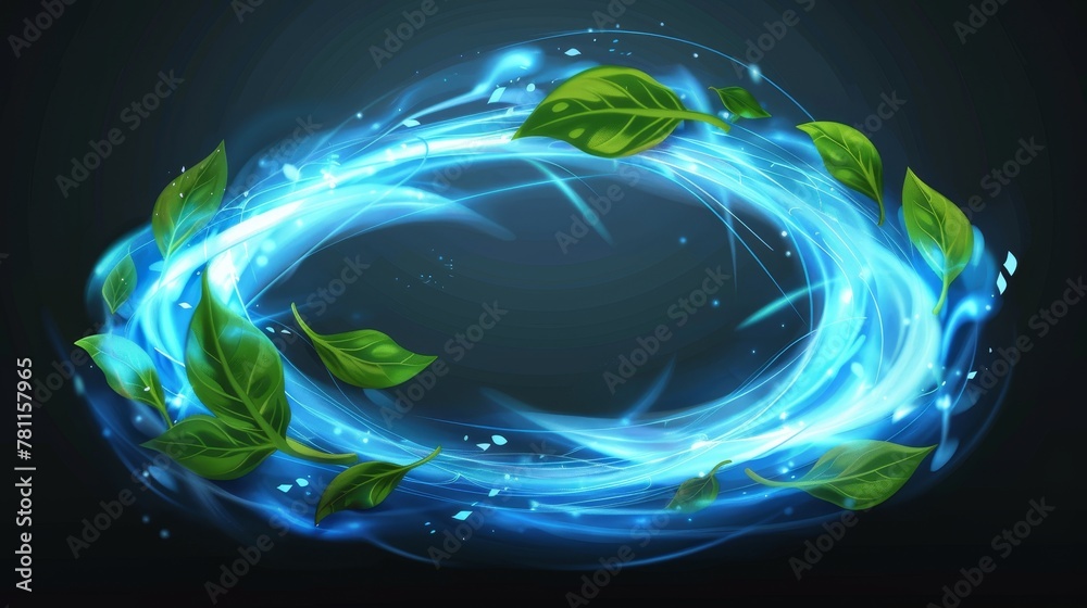 Blue air flow with green leaves. Glow circle and swirls, wand trails, fresh menthol breath or detergent isolated on transparent background. Realistic 3D modern illustration. - obrazy, fototapety, plakaty 