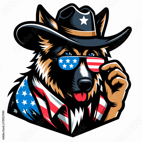 German Shepherd Dog Wear USA Top Hat, 4th of July patriotic American flag, Cartoon Clipart Vector illustration, Independence day themed Mascot Logo Character Design, presidential election