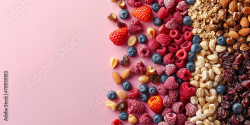 vue verticale d'un assortiment de fruits rouge et fruit secs sur un plan de travail dans une cuisine, espace pour texte