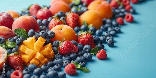 assortiments de fruits et de baies sur un plan de travail bleu  espace pour texte