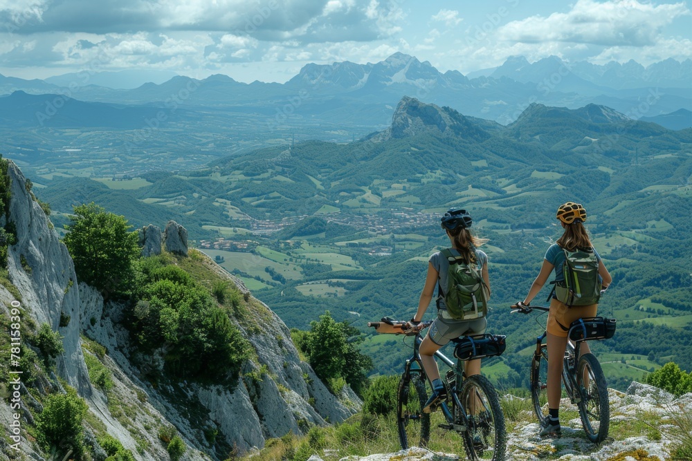 Two cyclists stop to admire the stunning mountainous landscape, taking in the natural beauty that surrounds them.