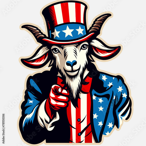 Goat Wear USA Top Hat, 4th of July patriotic American flag, Cartoon Clipart Vector illustration, Independence day themed Mascot Logo Character Design, presidential election
