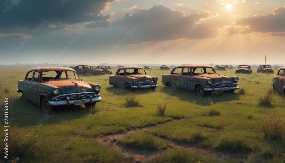 A collection of classic cars sits abandoned in the vast Serengeti plains, basked in the warm glow of a setting sun. AI Generation