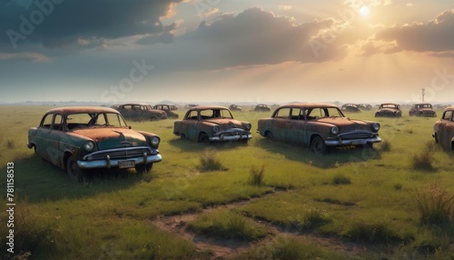 A collection of classic cars sits abandoned in the vast Serengeti plains, basked in the warm glow of a setting sun. AI Generation