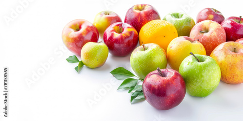 pommes de différentes variété posées sur un fond blanc, espace pour texte