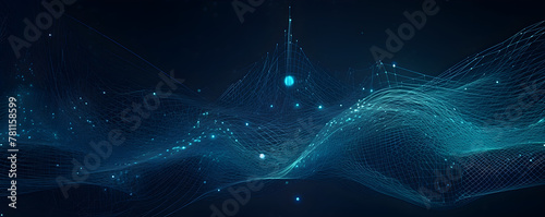 In the digital world, an elaborately crafted wave of interconnected points and lines signifies the endless flow of data and information amidst an abstract backdrop of dark blue cyberspace.