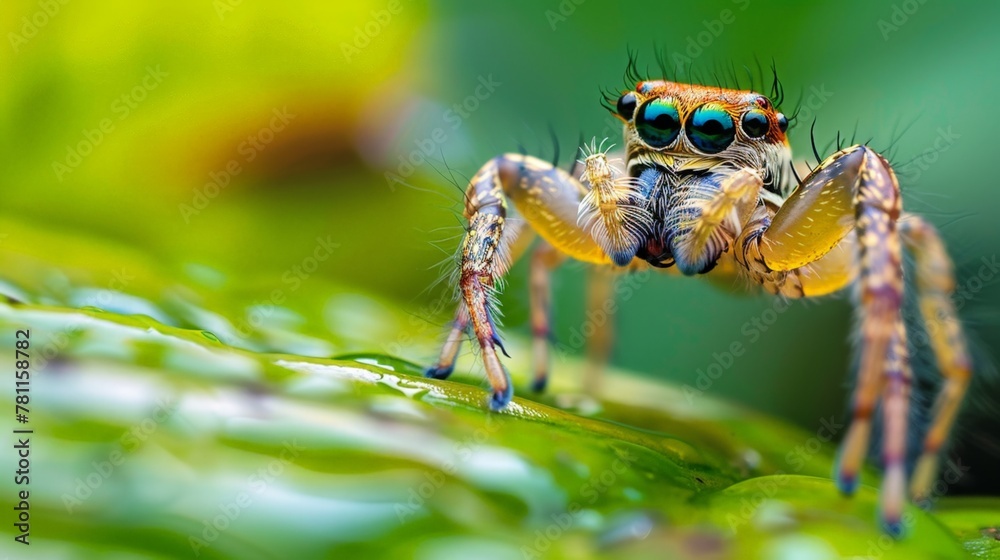Jumping spider on leaf with water droplets