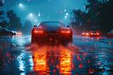 Car driving through puddles on a rainy street in the evening
