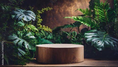 empty round wooden podium for presentation against sustainable interior background with green plants show case for your products concept scene stage for montage new product and promotion sale