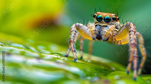 Jumping spider on leaf with water droplets