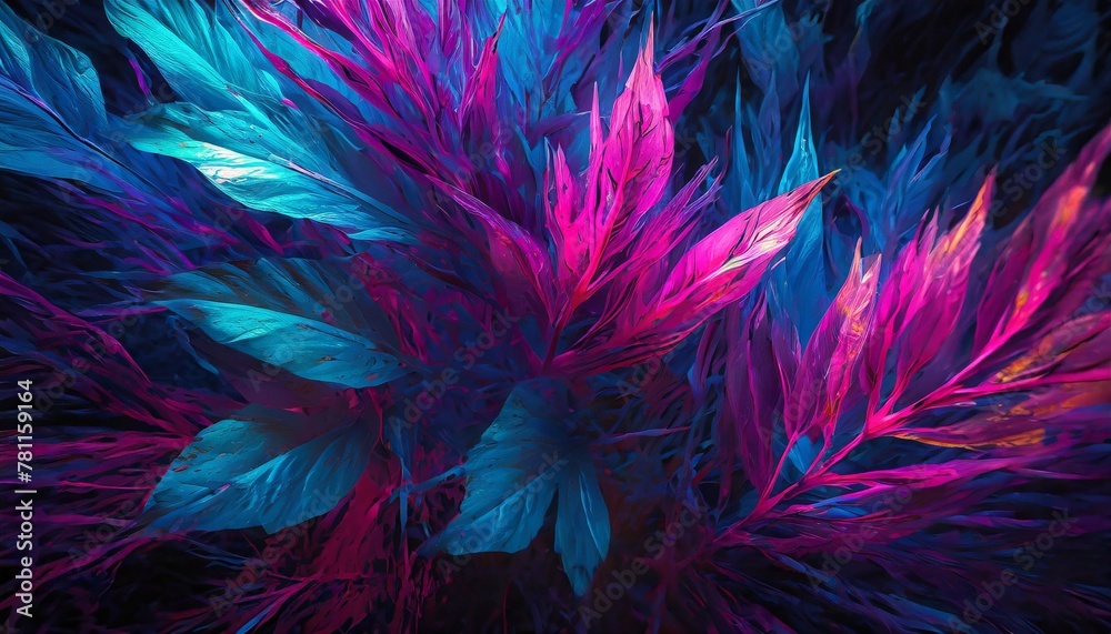 surreal leaves in motion with a color flow of blue and pink evoking a dreamlike essence generative ai