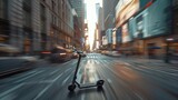 A futuristic electric scooter gliding through a bustling city street, with skyscrapers towering overhead and a blur of motion in the background.