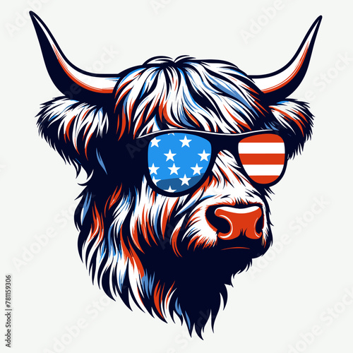 Highland Cow Wear USA Top Hat, 4th of July patriotic American flag, Cartoon Clipart Vector illustration, Independence day themed Mascot Logo Character Design, presidential election