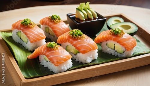 Gourmet sushi rolls elegantly presented on a bamboo tray, featuring fresh salmon, avocado, and caviar, ideal for culinary themes and restaurant marketing. AI Generation