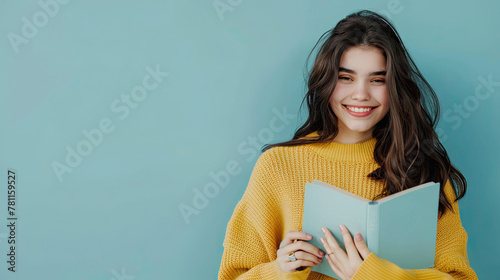 Smiling young brunette woman girl in yellow sweater. Mock up copy space. Holding and reading book on pastel blue background