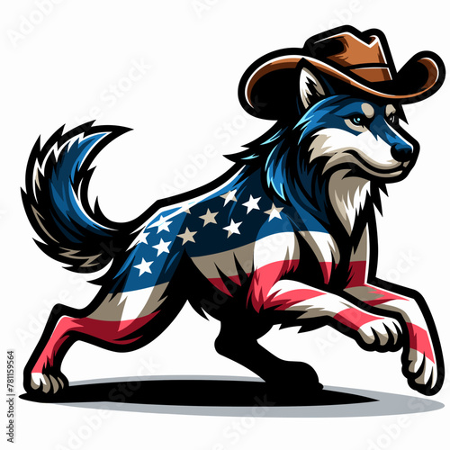 Siberian Husky Dog Wear USA Top Hat, 4th of July patriotic American flag, Cartoon Clipart Vector illustration, Independence day themed Mascot Logo Character Design, presidential election