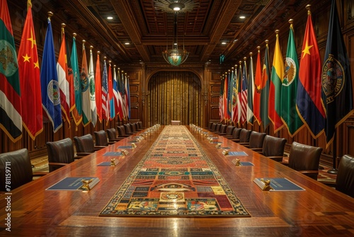 A regal conference room lined with international flags is devoid of participants, suggesting the quiet before a storm of diplomatic activity and cross-border collaboration. photo