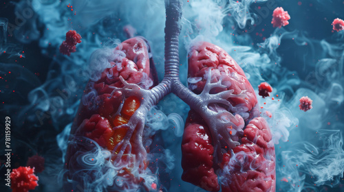 Abstract background with human lungs and red cells in the airway system, smoke around them, closeup