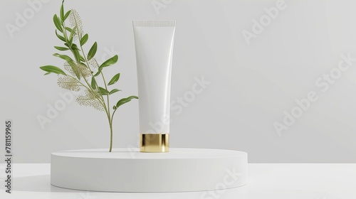 Beauty product blank container mockup presented in a 3D rendering. A white cosmetic cream tube with golden cap is placed on a pedestal on a white background.