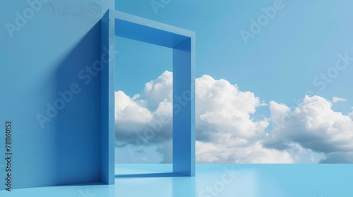 In this 3D rendering  there is a blue geometric background topped with white clouds. A square portal window is in the blue wall to the left.