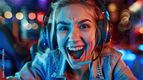Image of excited girl playing video game on pc photo