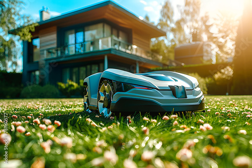 Tondeuse robot autonome sur la pelouse photo