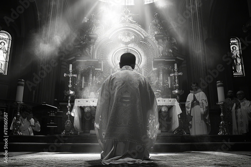 Silhouetted against the luminous altar, a priest kneels in profound reverence, his figure illuminated by the celestial light cascading through the cathedral. photo