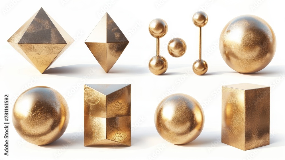 The rendering shows different geometric golden shapes set against a white background. The objects are modern minimal metal objects.