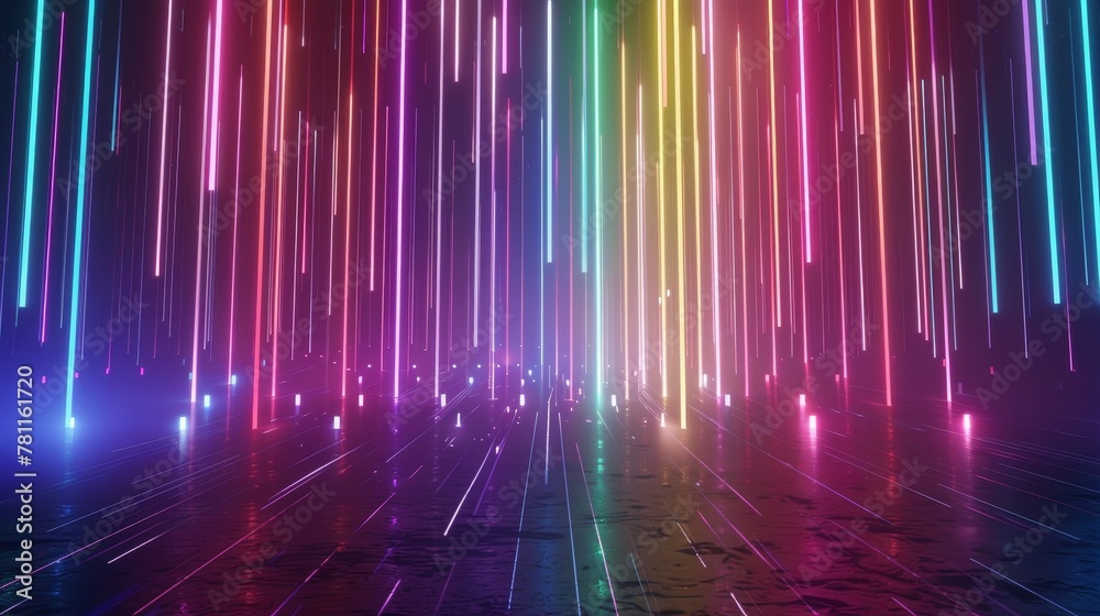 A 3D render of a neon background with colorful lines streaming down, star rain, a virtual reality wallpaper, and an empty stage with lasers emitted from it