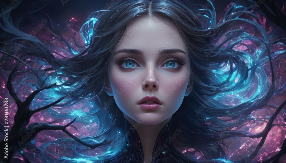An alluring digital portrait of a celestial maiden surrounded by swirling blue and pink energies, evoking a sense of magic. AI Generation An alluring digital portrait of a celestial maiden surrounded by swirling blue and pink energies, evoking a sense of magic. AI Generation